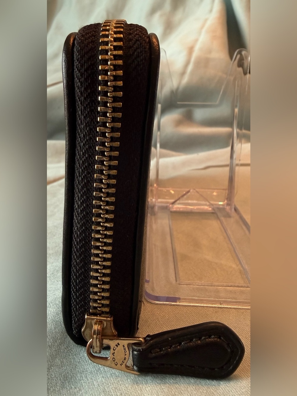 Coach Brown and Black Zip Around Signature Wallet with Gold Color Logo - Picture 3 of 12